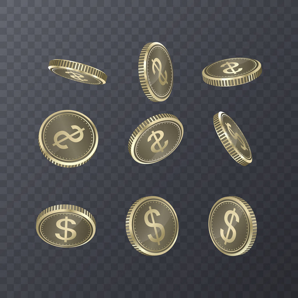 Σετ εικονιδίων κέρματα σε διαφανές φόντο. Σύμβολο δολαρίου σε ισομετρικές 3d στυλ. Εικονογράφηση διάνυσμα. - Διάνυσμα, εικόνα