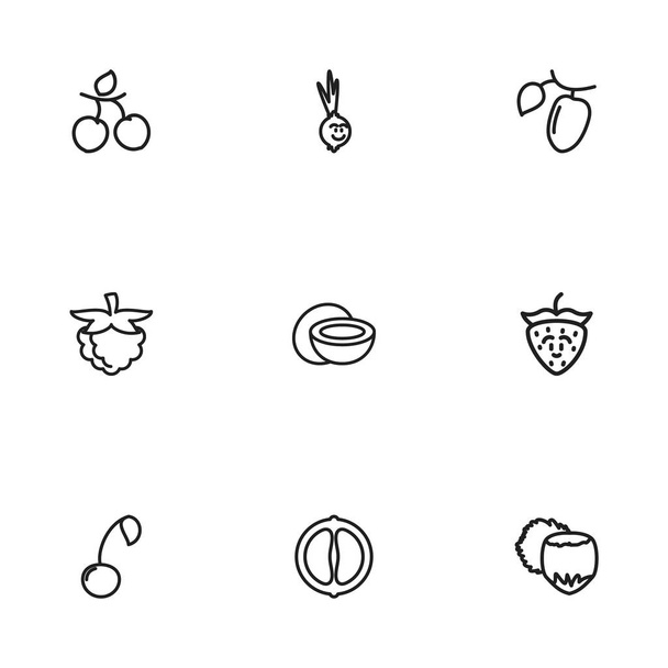 Sada 9 upravitelné vaření osnovy ikon. Obsahuje symboly Berry, kokos, komické cibule a další. Lze použít pro webové, mobilní, Ui a infografika Design. - Vektor, obrázek