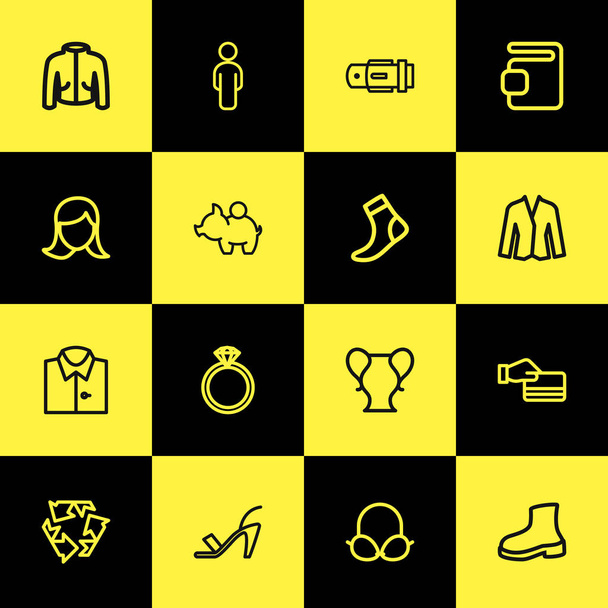 Set 16 bewerkbare winkelen overzicht pictogrammen. Bevat symbolen zoals vacht, vrouw jas, riem en meer. Kan worden gebruikt voor Web, Mobile, Ui en Infographic Design. - Vector, afbeelding