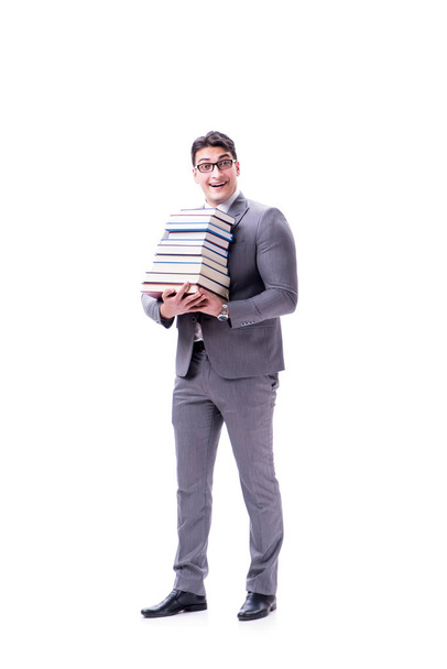 Studente uomo d'affari che trasporta tenendo mucchio di libri isolati su w - Foto, immagini