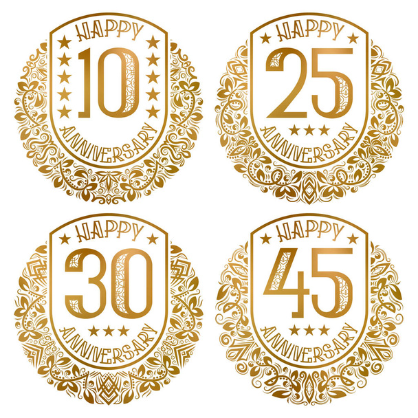 Feliz aniversário emblemas definidos. Selos dourados vintage para saudações festivas e convites
. - Vetor, Imagem