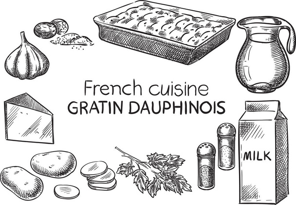 French cuisine.Creative conceptual vector. Sketch hand drawn french food recipe illustration, engraving, ink, line art, vector. - Vector, Image