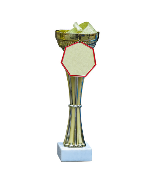 Zlatá trofej poháru s medaili a stuha izolované - Fotografie, Obrázek