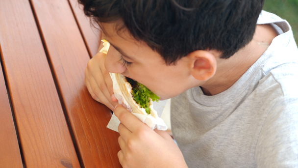 Atraktivní kluk jí čerstvý chléb pita se salátem z čerstvé zeleniny a masa, posezení v kavárně rychlého občerstvení pod stromem v parku. 4k, pomalý pohyb - Záběry, video