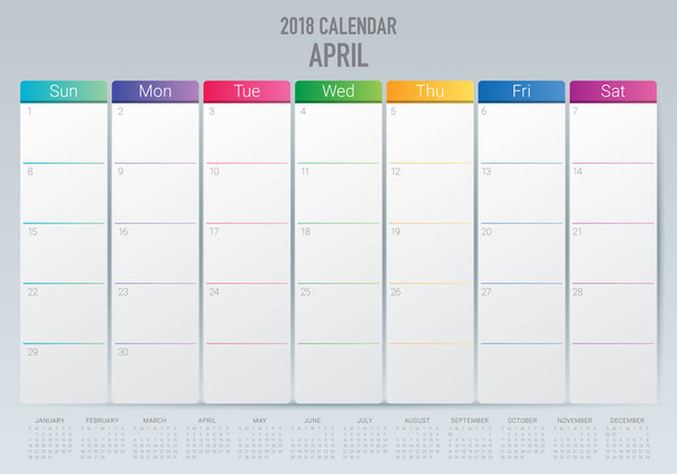 Abril 2018 calendario planificador vector ilustración
 - Vector, Imagen