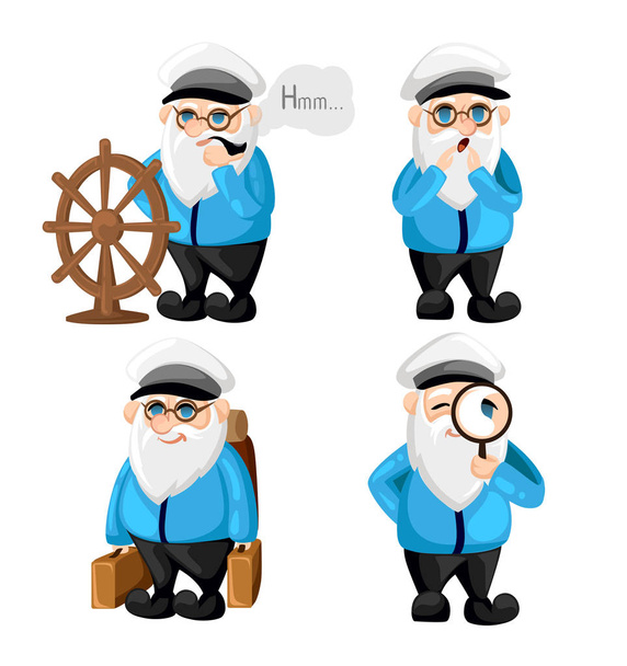 Capitán de barco en uniforme en el mar personajes marineros de dibujos animados establecer capitán diferentes expresiones faciales. Feliz sonrisa triste sorprendida, serias y otras emociones. Ilustración simple vector
 - Vector, Imagen