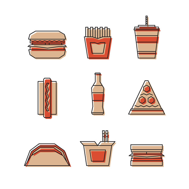 Set de iconos de línea de comida rápida: hamburguesa, papas fritas, refrescos, pizza, hot dog, tacos, sándwich, fideos. Ilustración vectorial
. - Vector, imagen