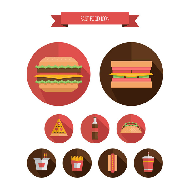 Fast food wokół ikony - hamburger, frytki, soda, pizza, Hot Dog, tacos, sandwich, makaron. Płaska konstrukcja. Ilustracja wektorowa. - Wektor, obraz
