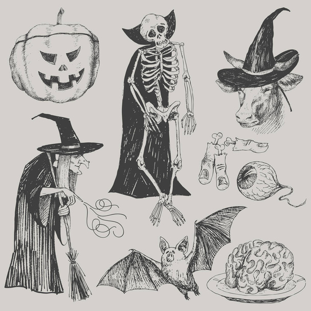 Vector hand drawn Halloween set. Vintage illustration. Great for party invitation cards and other decor - Vector, Image