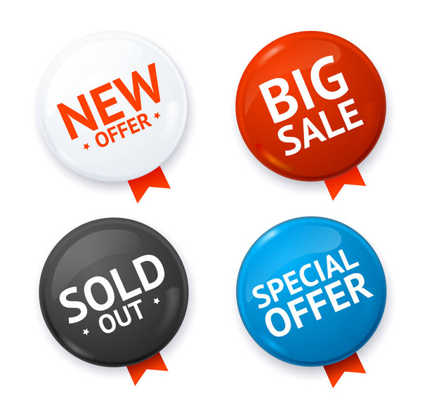 Realistic 3d Sale Discount Color Circle Button Badge Pin Set. Vector - Vector, afbeelding
