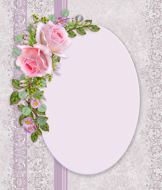Floral background. Greeting vintage postcard, pastel tone, old style. Flower arrangement of pink roses. - Fotó, kép