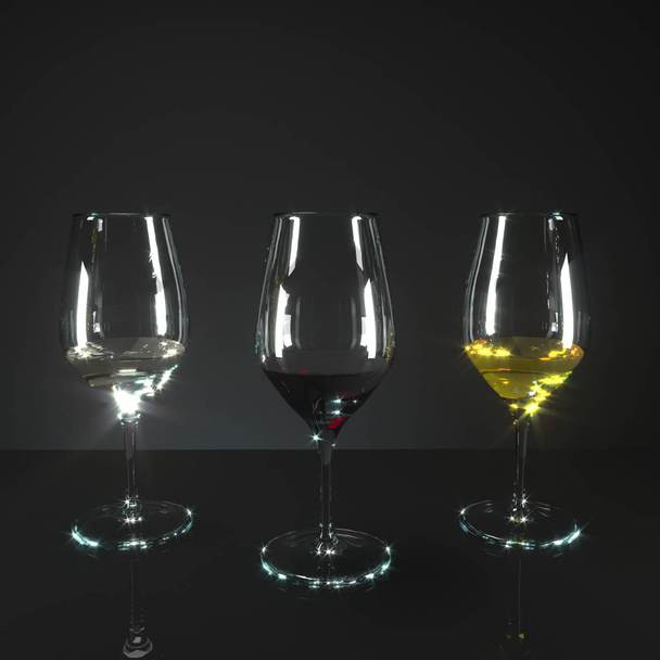 Trois verres de vin. Un verre de vin rouge, un verre de vin blanc, un verre de vin jaune. Vin sec, vin doux, vin semi-doux. Modélisation 3d
. - Photo, image