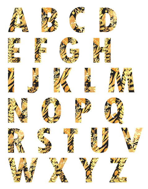 Krásný abeceda zlaté listy, květy a větve izolovaných na bílém pozadí - Fotografie, Obrázek