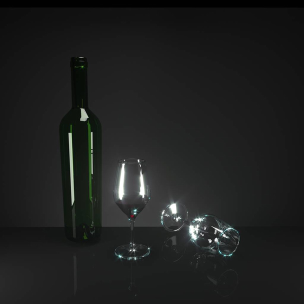 Copa de vino y botella de vino en el fondo del bar. Modelado 3d
. - Foto, Imagen
