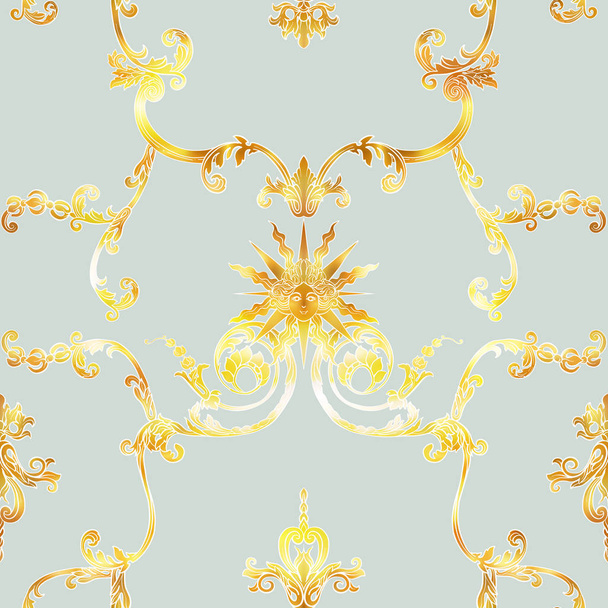 Seamless pattern with richly decorated rococo style floral decor elements. In vintage gold colors. - Вектор,изображение