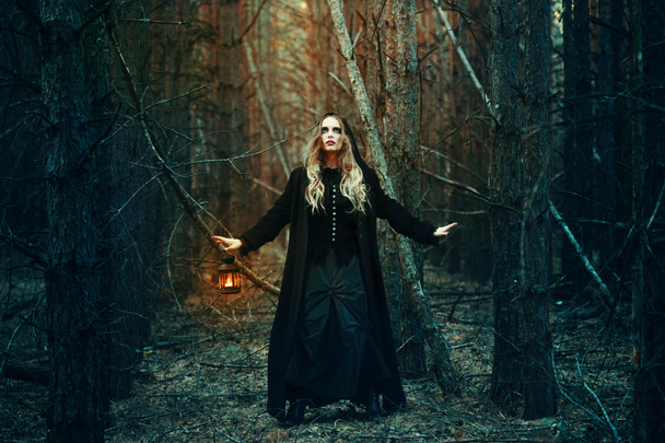 Halloween. hermosa chica con una linterna en un vestido negro en el bosque
. - Foto, imagen