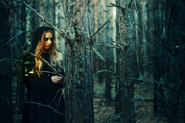 Halloween. beautiful girl in a black dress in the forest - Valokuva, kuva