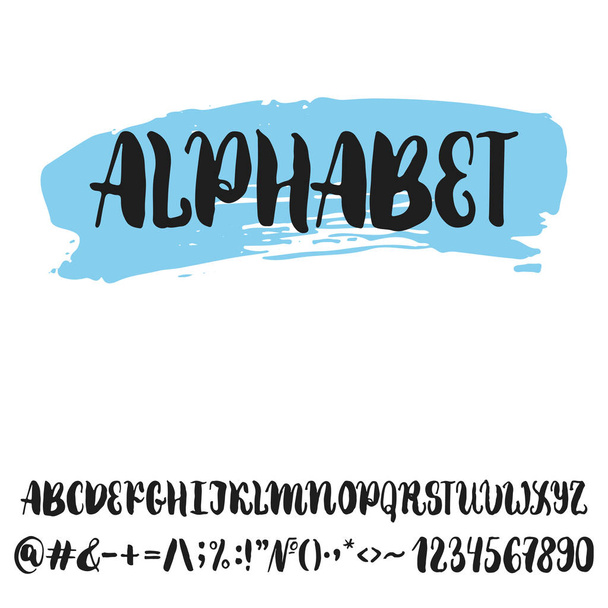 Hand drawn english lettering alphabet with examples of this font. Modern ink brush handwritten letters isolated on the white background. - Vektor, kép