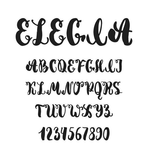Hand drawn english lettering alphabet Elegia with examples of this font. Modern ink brush handwritten letters isolated on the white background. - Vetor, Imagem