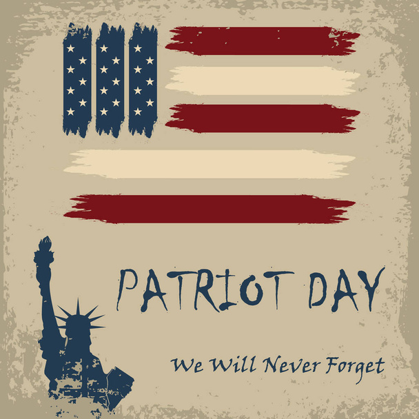 Δεν θα ξεχάσουμε ποτέ. 9/11 ημέρα πατριωτών φόντο, φόντο ρίγες αμερικανική σημαία. Πατριώτης ημέρα 11 Σεπτεμβρίου 2001 αφίσα πρότυπο - Διάνυσμα, εικόνα