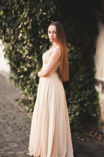 Beautiful girl with long hair posing near tree in vavel Krakow - Fotó, kép