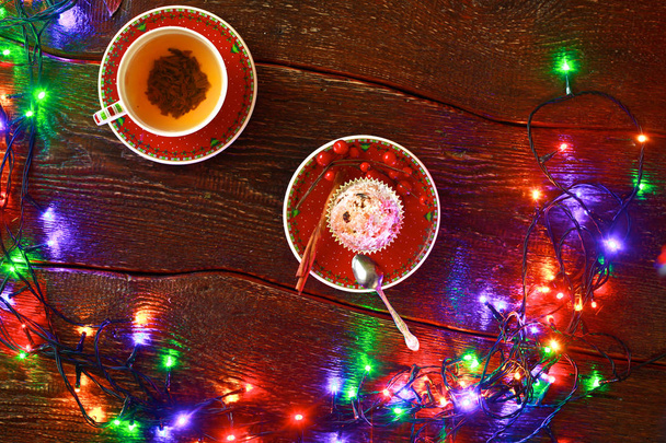 Fond rustique de Noël - bois bordé vintage avec lumières et espace texte libre
 - Photo, image