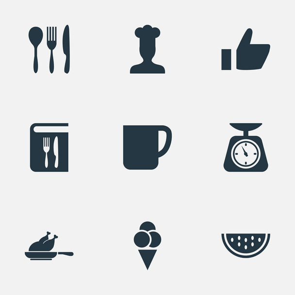 Vector Illustration Set of Simple Food Icons. Elementos Verano Fruta, Chef, Pesaje Y Otros Sinónimos Taza, Copybook Y Vajilla
. - Vector, imagen
