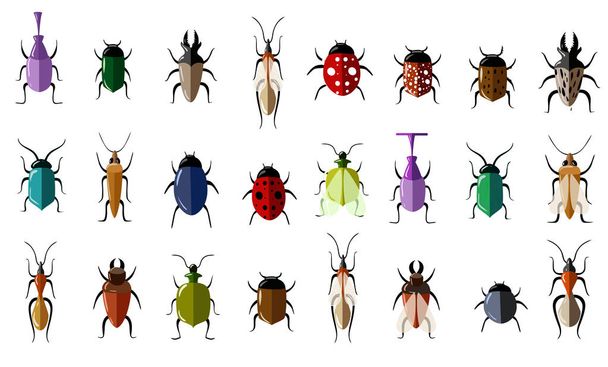 Set of insects flat style design icons. Butterfly, Colorado beetle, Dragonfly, Wasp, Grasshopper, Ant, Ladybug, Beetle, Bumblebee, Moth, Scorpio, Acarus, Fly, Caterpillar, Spider, Mosquito - Vetor, Imagem