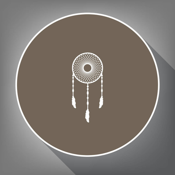 Dream catcher sign. Vector. White icon on brown circle with white contour and long shadow at gray background. Like top view on postament. - Vector, Image