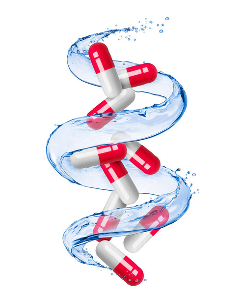 pilules médicales tournent dans les éclaboussures d'eau isolé sur blanc
  - Photo, image
