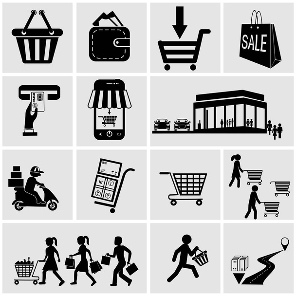 Diferentes iconos de compras, personas con cestas
  - Vector, Imagen