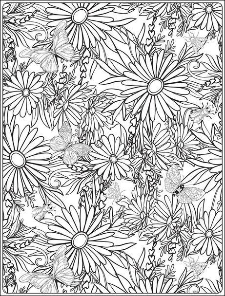 Floral seamless pattern with butterflies and bees  in realistic botanical style. Print - Wektor, obraz