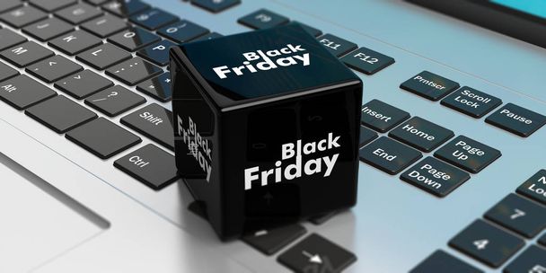 Zwarte vrijdag online verkoop. Zwarte kubus op een laptop. 3D illustratie - Foto, afbeelding