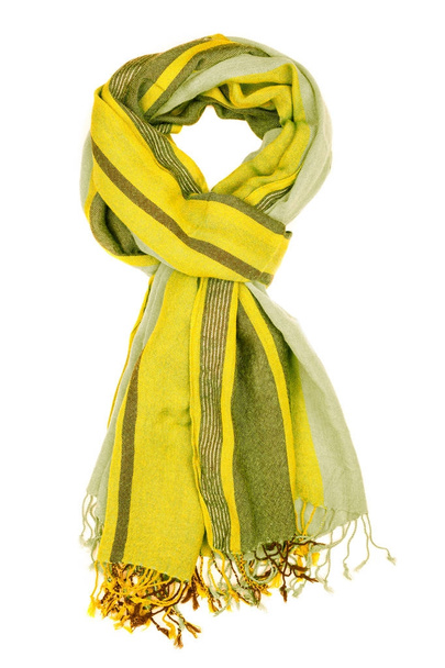 絹のスカーフ。黄色のシルク スカーフに孤立した白い背景 - 写真・画像