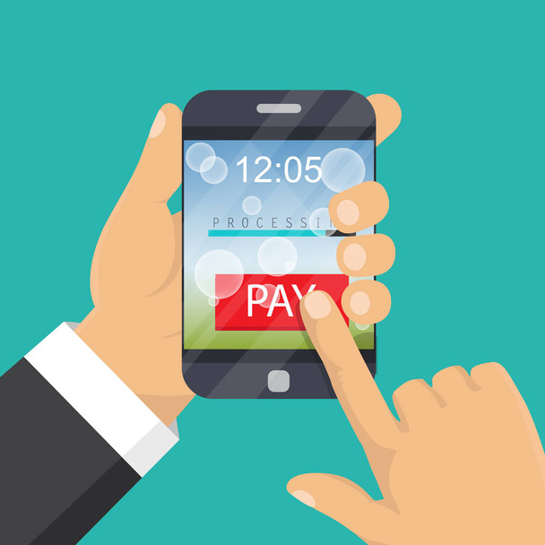 Mobile payment concept. Hand holding a phone. Smartphone wireles - Vector, Image