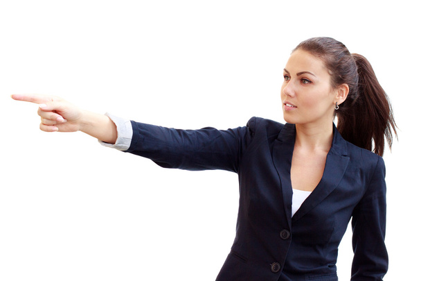 Giovane donna d'affari che punta il dito, isolata su sfondo bianco
 - Foto, immagini