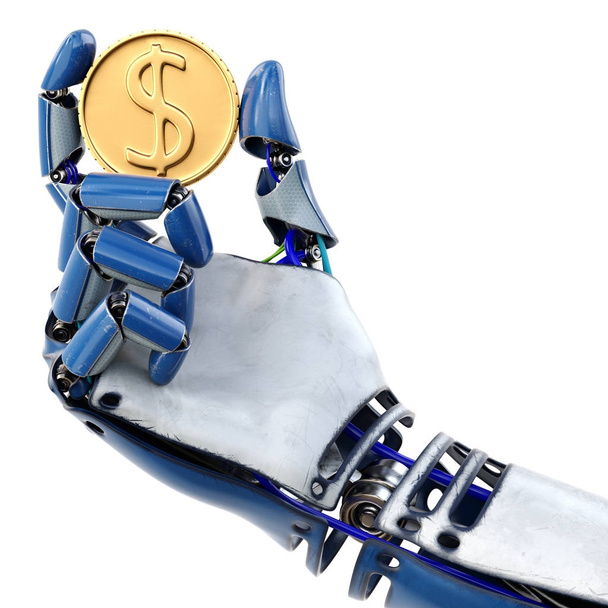 Robot's hand holding golden coin. Isolated on white background. 3d rendering. - Foto, afbeelding