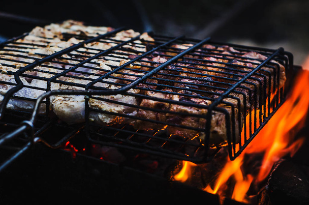 Barbecue grill csirke és sertés borda - Fotó, kép