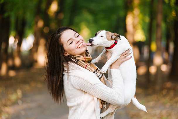 Kaunis tyttö leikkii koiran kanssa. Leikin koiran kanssa puistossa. Lähikuva muotokuva. Jack Russell terrieri
 - Valokuva, kuva