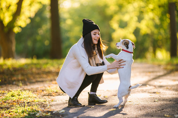 güzel kız bir köpekle oynamayı. Köpekle park üzerinde oynamak. Yakın çekim portre. Jack Russell Terrier - Fotoğraf, Görsel