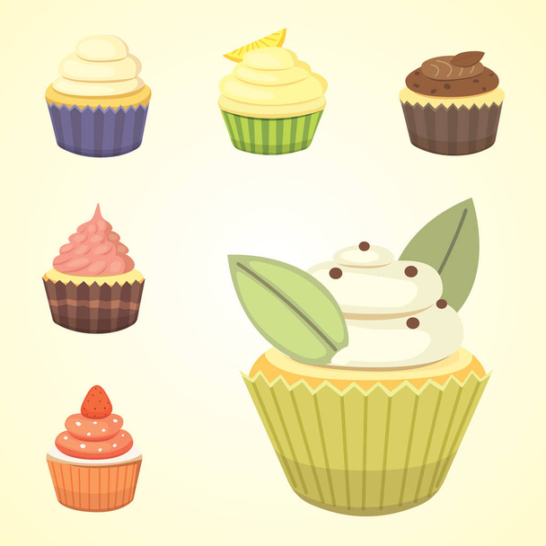 Set of cute vector cupcakes and muffins. Colorful cupcake isolated for food poster design. - Vector, Image