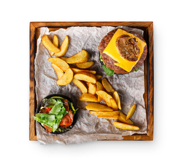 Take away burger menu on wooden tray isolated - Foto, Imagen