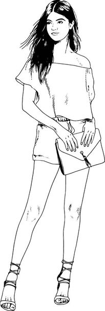 красивая стройная девушка в повседневной одежде, нарисованная чернилами от руки
 - Вектор,изображение