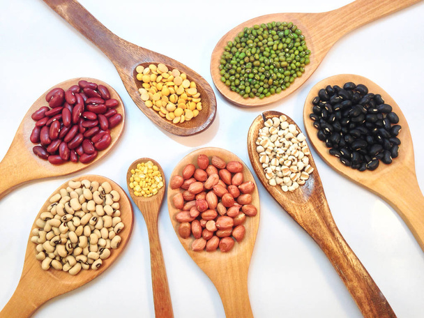Varieties of beans, peas on white background - Fotoğraf, Görsel