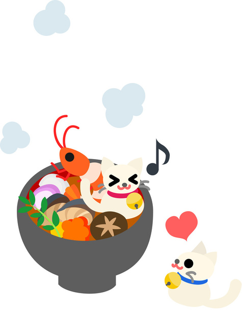Rice cakes(shaped like a cat) boiled with vegetables on New Year's Day - Vector, Image