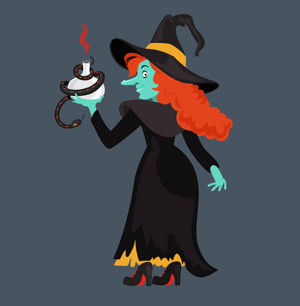 Red-haired  witch in black dress and cloak . - Vector, Image