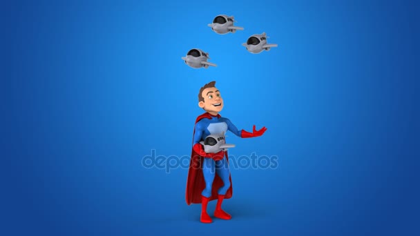 Divertido superhéroe haciendo malabares con aviones
  - Imágenes, Vídeo