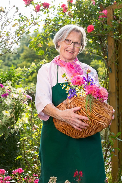 Mujer mayor sonriente sosteniendo cesta con flores en el jardín en el día soleado
 - Foto, Imagen