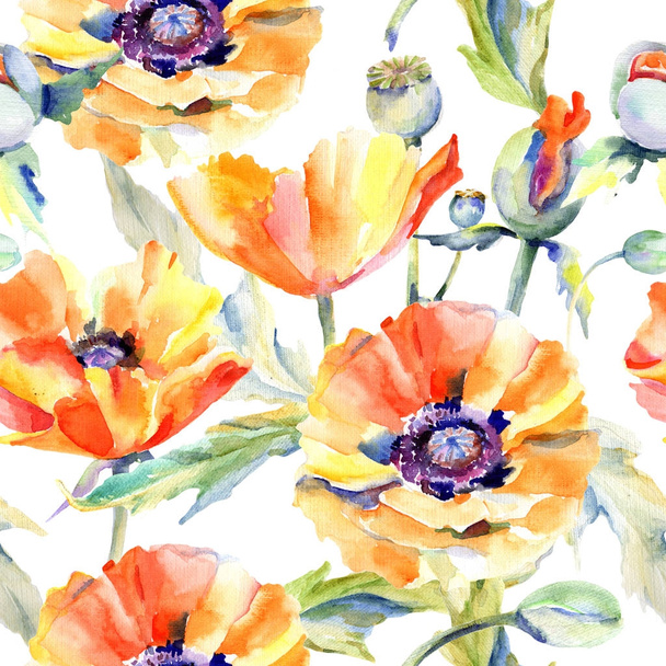 Wildblumen-Mohn-Blumenmuster im Aquarell-Stil. - Foto, Bild