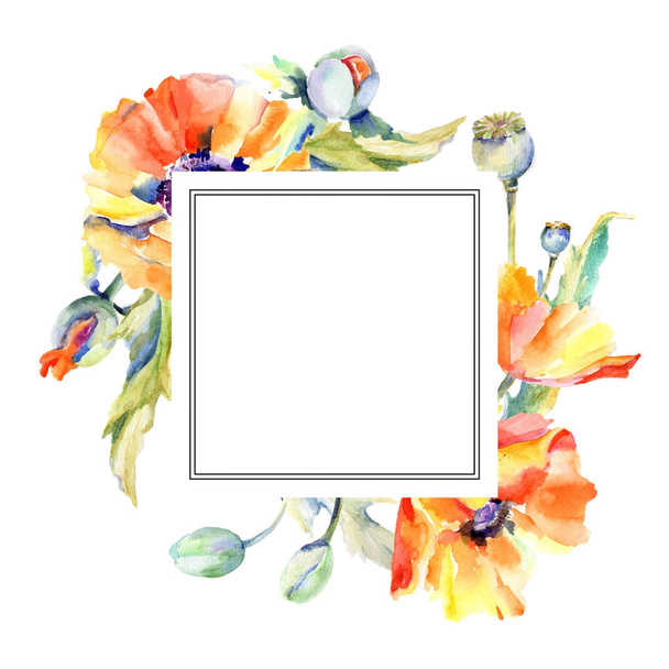 Wildflower poppy flower frame in a watercolor style. - Photo, image